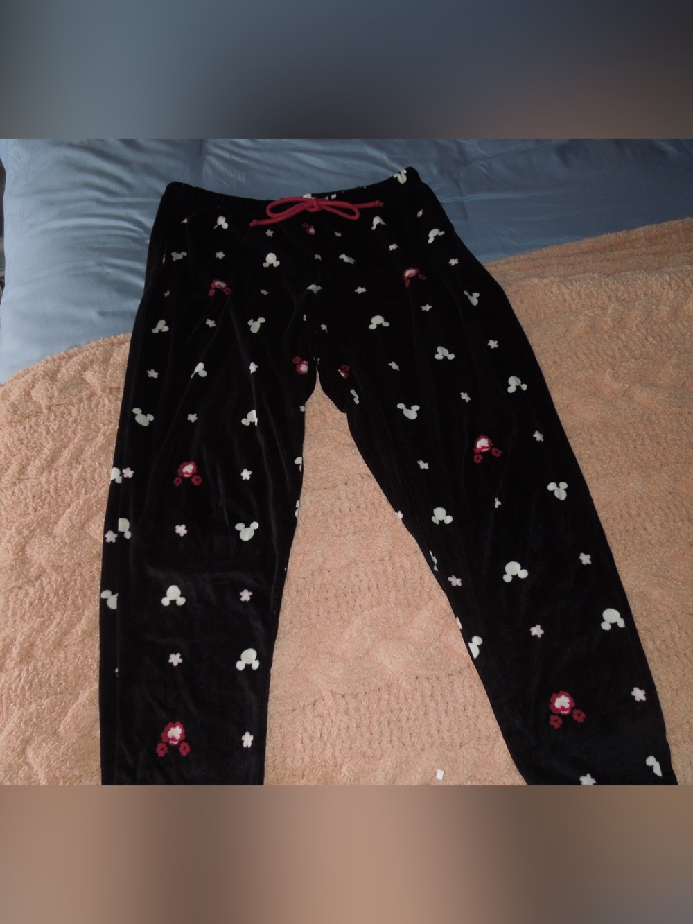 Womens Black Velour Pajama Pants with Pink Drawstring
